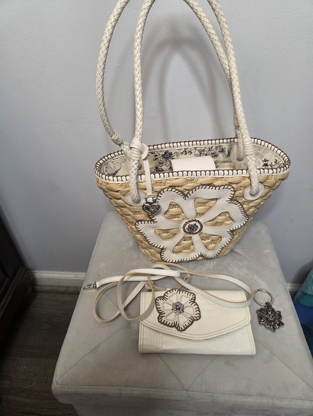 Bright9n Woven Floral Straw Tote and Crossbody Set in Cream with Charm